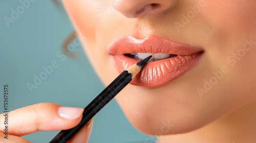 Woman drawing lip contour with a pencil