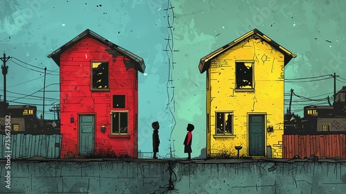 Wallpaper Mural Two people facing each other between colorfully contrasting houses. Torontodigital.ca