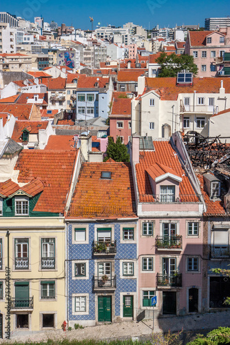 Cityscape of colorful traditional houses in Lisbon historic center, Portuguese balconies and construction, Portugal