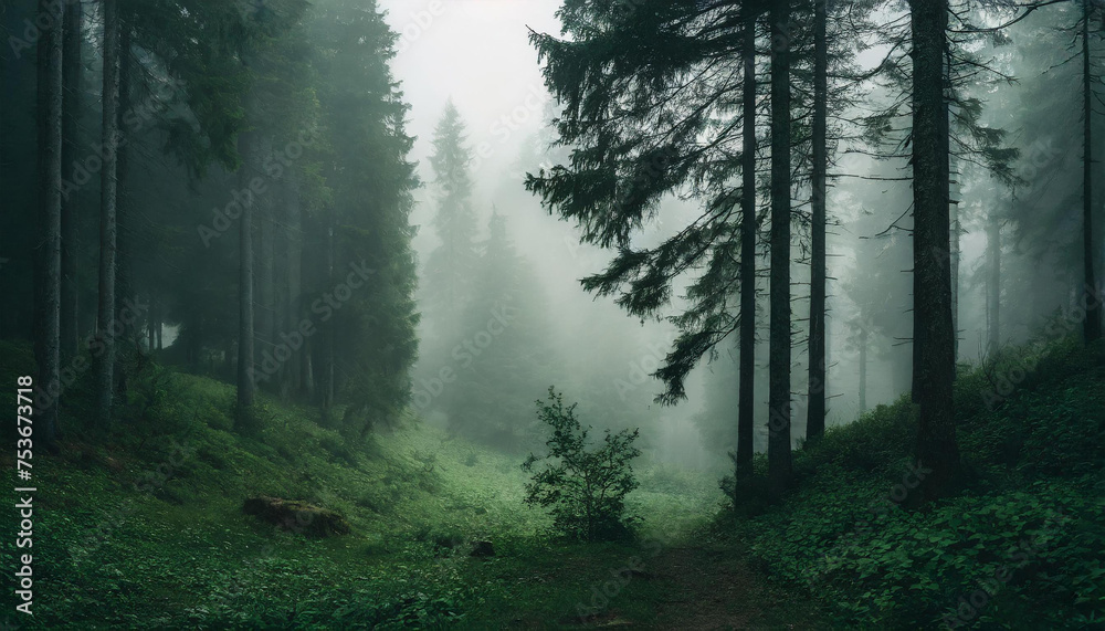 Fototapeta premium Foggy forest, misty landscape