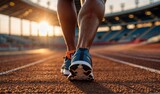 Focus on running shoe of athletic runner training in stadium at sunset, preparing for sports competition, olympic games