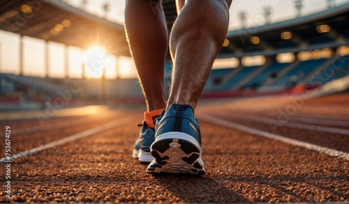 Focus on running shoe of athletic runner training in stadium at sunset, preparing for sports competition, olympic games