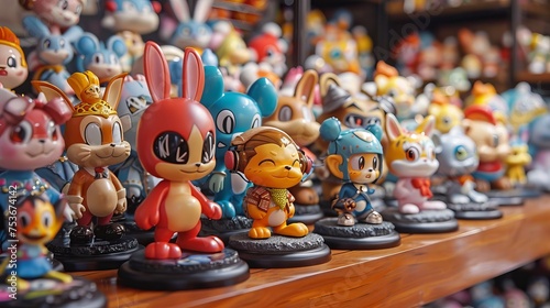 Array of vibrant animal character figurines with playful designs on shelf.