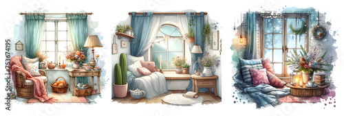 Arrange the interior of the room Next to the window watercolor pattern warm atmosphere