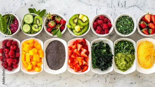 Ingredients for a colorful smoothie bowl arranged in rows