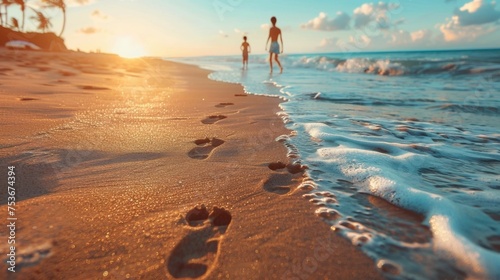 A pair of footprints in the sand near the water at sunset, beach, summer, travel, journey or adventure photo