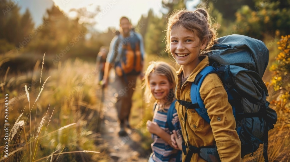 Family is hiking in the woods, with a young girl wearing a yellow jacket and a blue backpack Family is hiking in the woods, with a young girl wearing a yellow jacket and a blue backpack