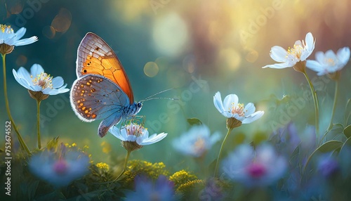 Background flower butterfly spring garden floral beauty blossom plant blue. Garden spring butterfly background summer flower field white color season banner daisy wild morning nature meadow bloom teal © Micaela