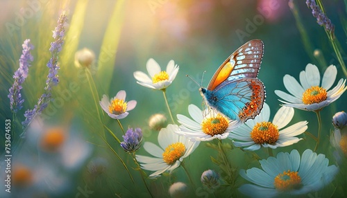 Background flower butterfly spring garden floral beauty blossom plant blue. Garden spring butterfly background summer flower field white color season banner daisy wild morning nature meadow bloom teal