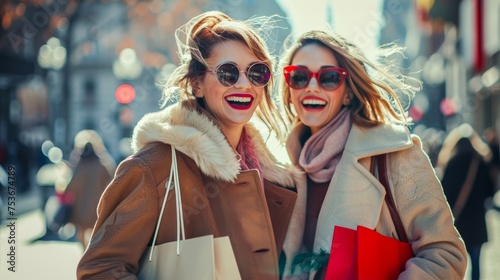 Two happy women with shopping bags laughing and having fun on a sunny city street