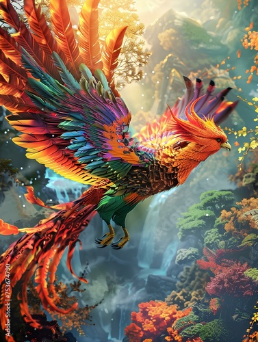 A colorful Oriental  Eastern phoenix with huge wings flying in the sky  majestic  backlight  digital art style illustration painting. generative AI