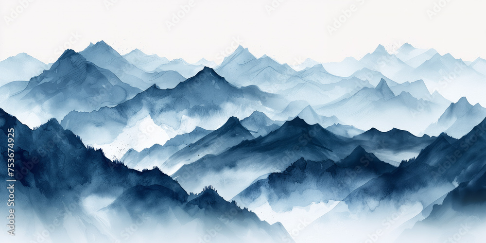 Foggy mountain range silhouette in watercolor grey tones, watercolor, white background Foggy mountain range silhouette in watercolor grey tones, watercolor, white background