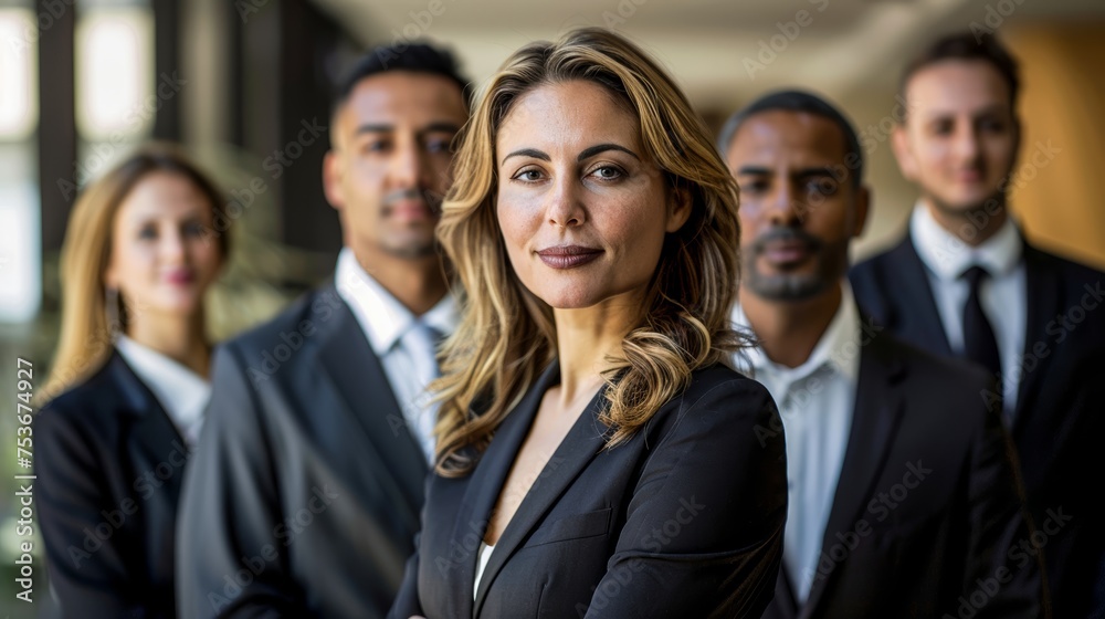A businesswoman confidently standing in front of her diverse team of professionals A businesswoman confidently standing in front of her diverse team of professionals