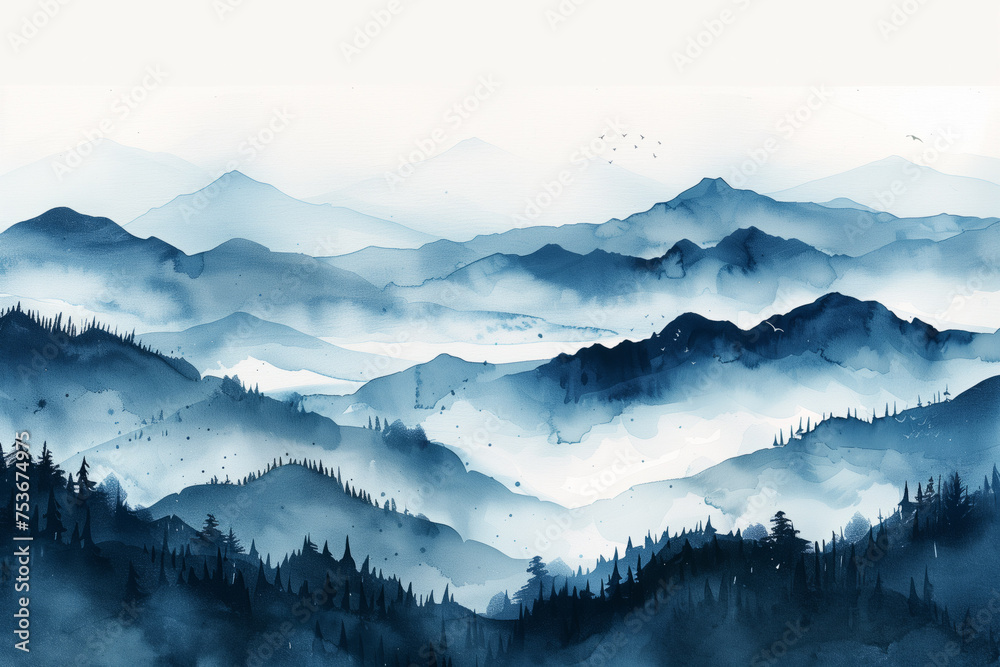 Foggy mountain range silhouette in watercolor grey tones, watercolor, white background 