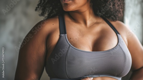 Close-up image focused on a confident woman personifying strength and healthy lifestyle, depicted in a sports bra