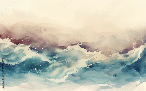 Watercolor painting of softly waves in the ocean,dark patrol white and beige, dreamlike photo