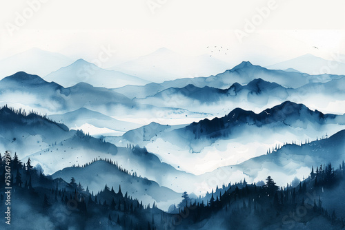 Foggy mountain range silhouette in watercolor grey tones  watercolor  white background 