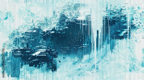 a visually striking pixel art piece with a glitch effect overlay against a textured background of white and blue hues.