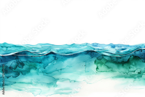 Hand-drawn watercolor abstract seascape with underwater section, watercolor, white background 