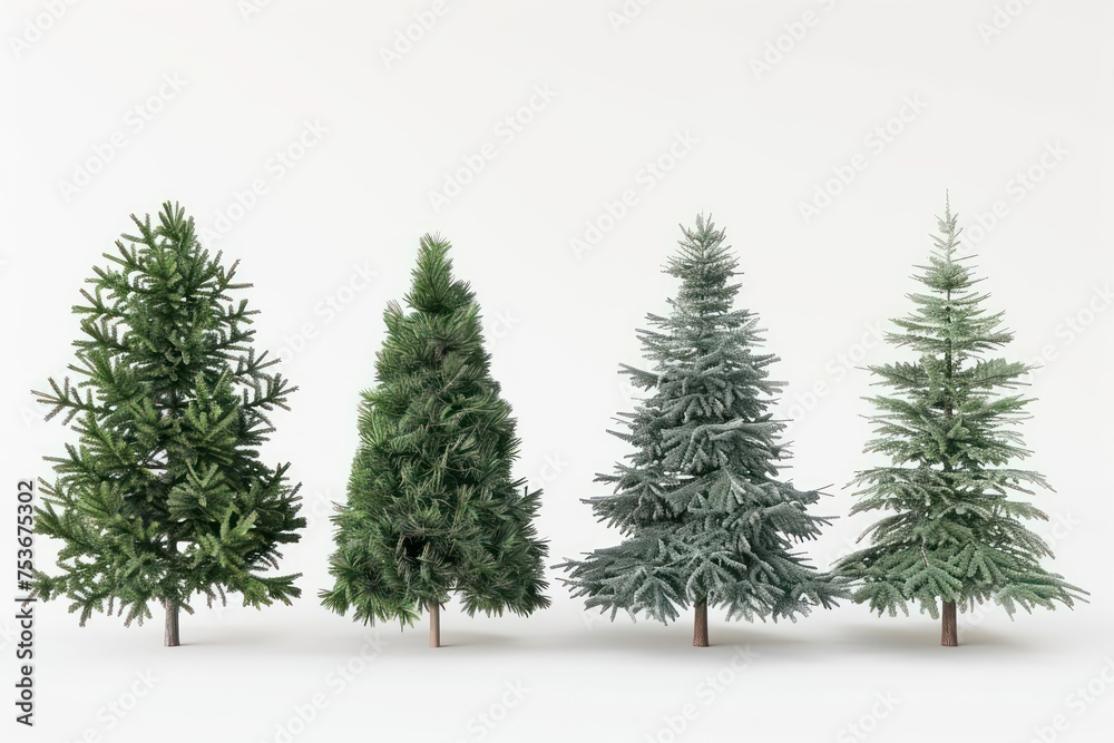 Fototapeta premium four christmas trees stand side by side on a white background