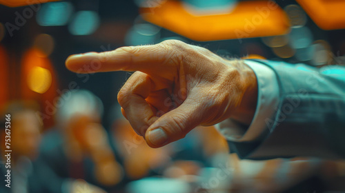 Image of male hand pointing at business document during discussion at meeting.