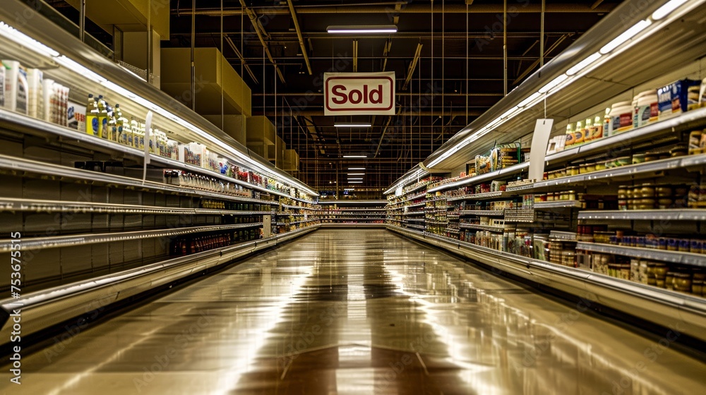 An empty grocery store aisle with a prominent 'Sold' sign hanging from the ceiling