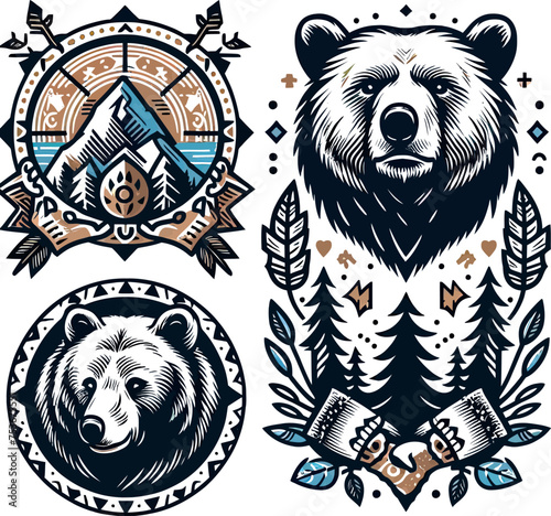 brown bear in the forest vector art illustration for t-shirt merch
