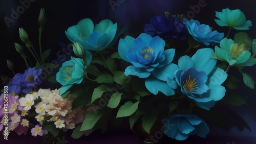 Delicate, blue and green flowers. Beautiful, floral background. Closeup