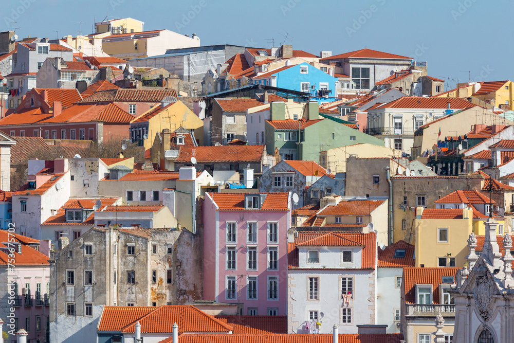 Colorful buildings of Lisbon historic center, Portugal. Street with colorful houses in Lisbon, Portugal. 20 June 2022.
