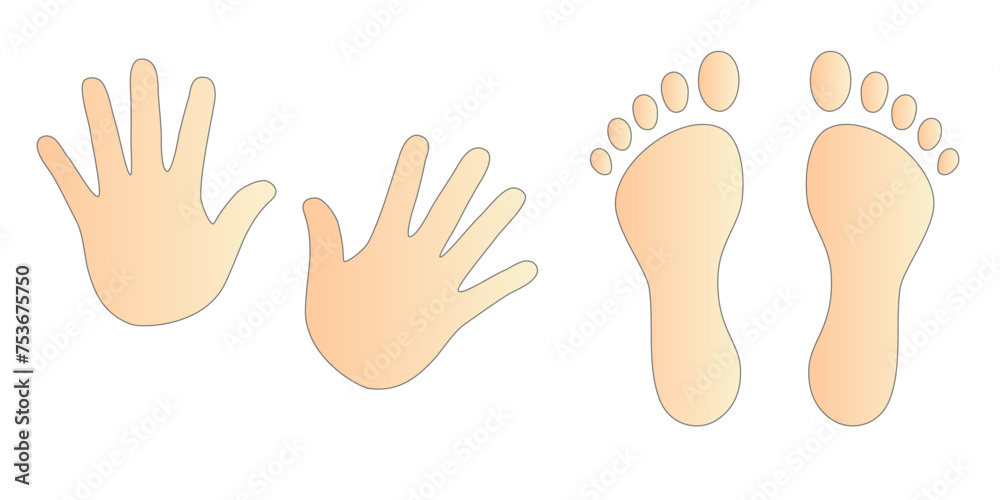 Human footprints and hands vector isolated set on white background. Foot prints of person in boots. Human feet and hands.