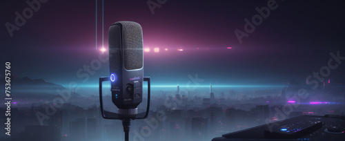 A microphone with a city in the background at night time with lights on it and a keyboard in front of it