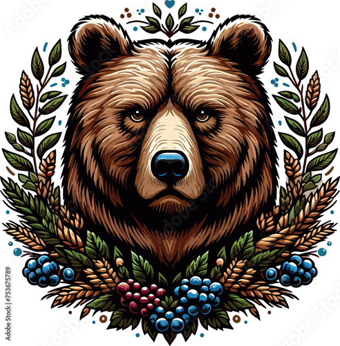 brown bear in the forest vector art illustration for t-shirt merch