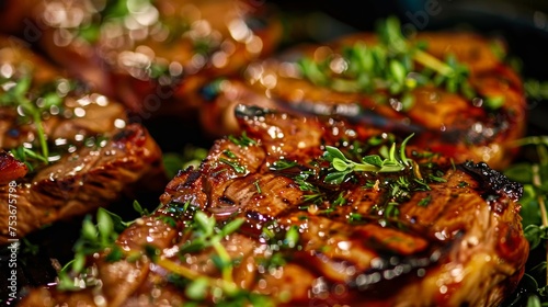 Close-up image of succulent grilled steaks with a shiny glaze and garnished with fresh green herbs, conveying a sense of gourmet cooking