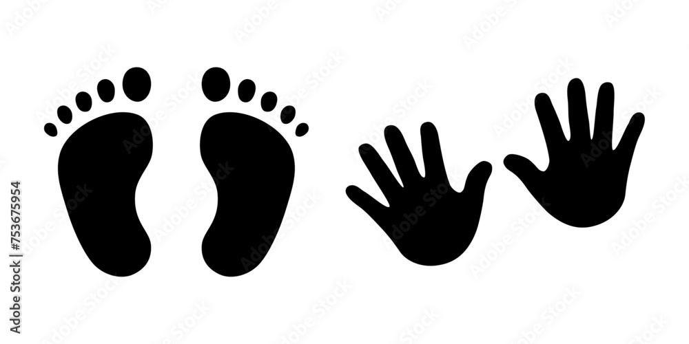 Baby footprints and hands vector isolated set on white background. Foot prints of barefoot person. Children's feet and hands. Baby footprints and hands vector isolated set on white background. Foot prints of barefoot person. Children's feet and hands.