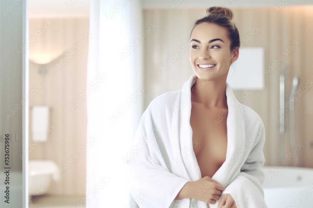 Happy attractive blonde woman in white silky bathrobe posing at white bathroom, panorama with copy space. Face and skin care at home concept. Generative AI. Happy attractive blonde woman in white silky bathrobe posing at white bathroom, panorama with copy space. Face and skin care at home concept. Generative AI.