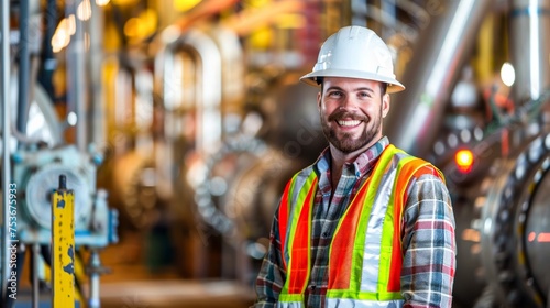 A smiling industrial worker with protective gear posing confidently in an industrial setting