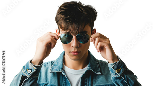 Portrait of young man wearing sun glasses isolated on a transparent background