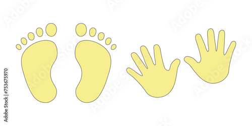Baby footprints and hands vector isolated set on white background. Foot prints of barefoot person. Children's feet and hands.
