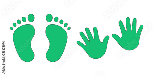 Baby footprints and hands vector isolated set on white background. Foot prints of barefoot person. 
Children's feet and hands.