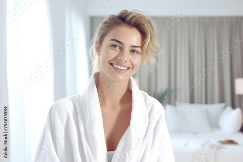 Happy attractive blonde woman in white silky bathrobe posing at white bathroom, panorama with copy space. Face and skin care at home concept. Generative AI.