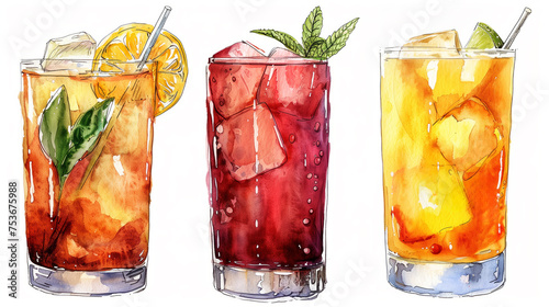 Hand-drawn watercolor mix cocktails isolated on white background, watercolor, white background 