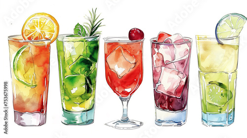 Hand-drawn watercolor mix cocktails isolated on white background, watercolor, white background 