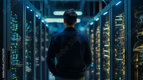 A Person successful data center IT specialist checking cloud servers