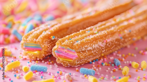 churros, a delightful fried dough treat elongated and topped with both sugar and sprinkles. A sweet, crispy delight perfect for satisfying your dessert cravings. photo
