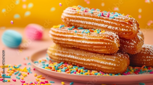 Indulge in long churros fried dough sticks adorned with a sweet coating of sugar and a sprinkle of delightful toppings. A crispy and delightful treat.