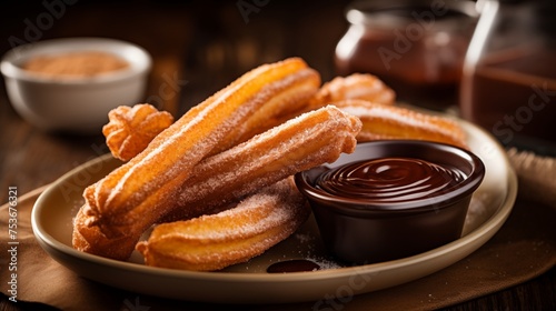 Delight in the crispy perfection of long churro sticks, topped with sweet sugar icing, best enjoyed alongside a rich and luscious chocolate sauce. A truly indulgent pairing. photo
