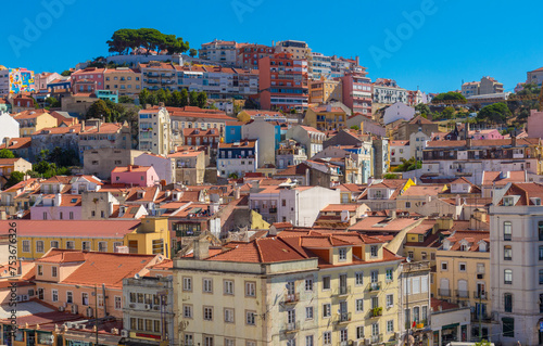 Cityscape of colorful traditional houses in Lisbon historic center, Portugal 