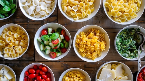 Ingredients for a build-your-own pasta bar displayed in bowls