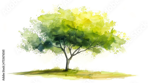 Hand-drawn watercolor painting of a vibrant green tree  isolated on white background  watercolor   background with a pace for text