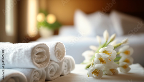 Rolled clean fresh cotton white towels indoors in a hotel. Generative AI,